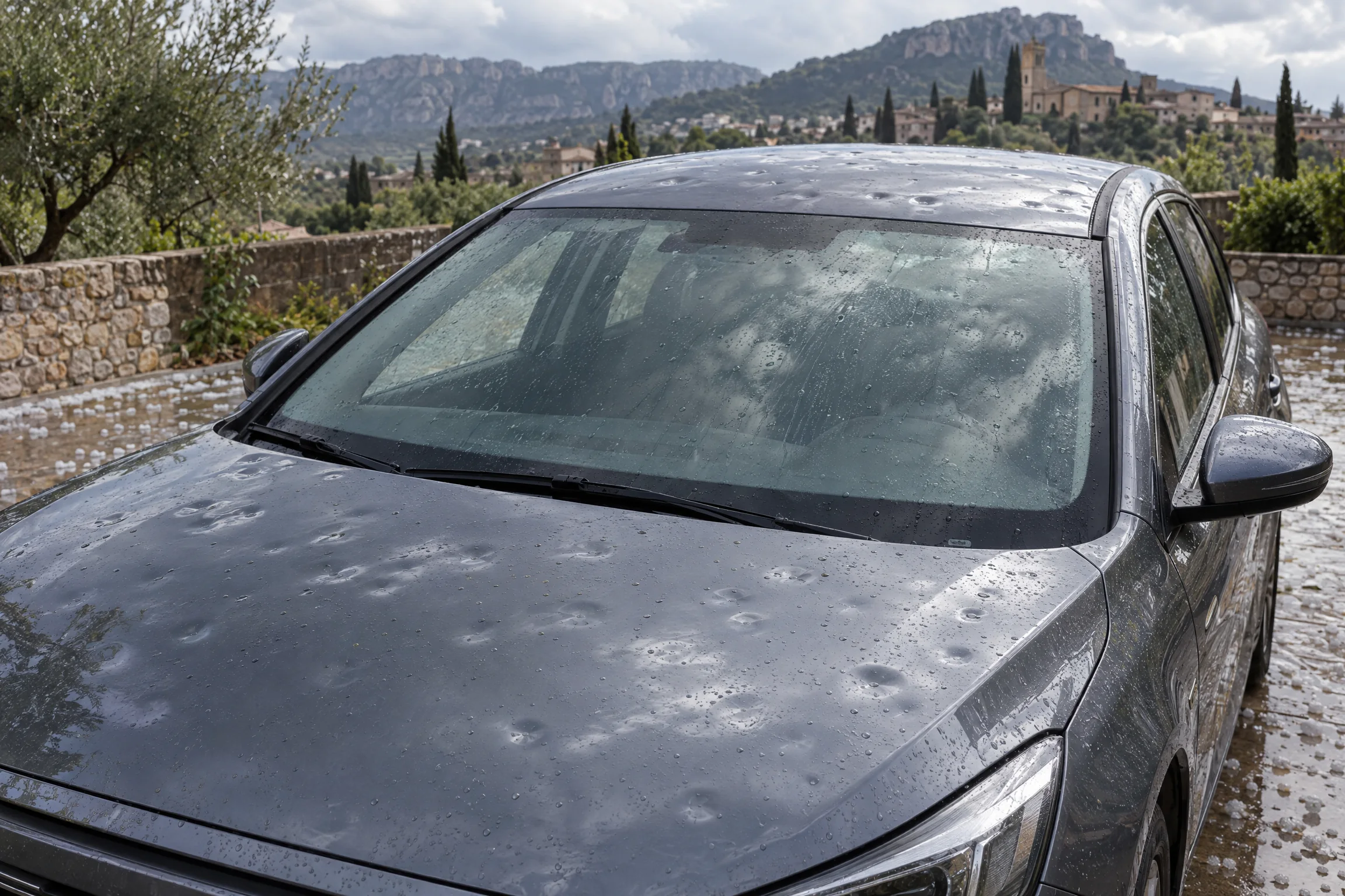 Coche con daños visibles de granizo en techo y capó